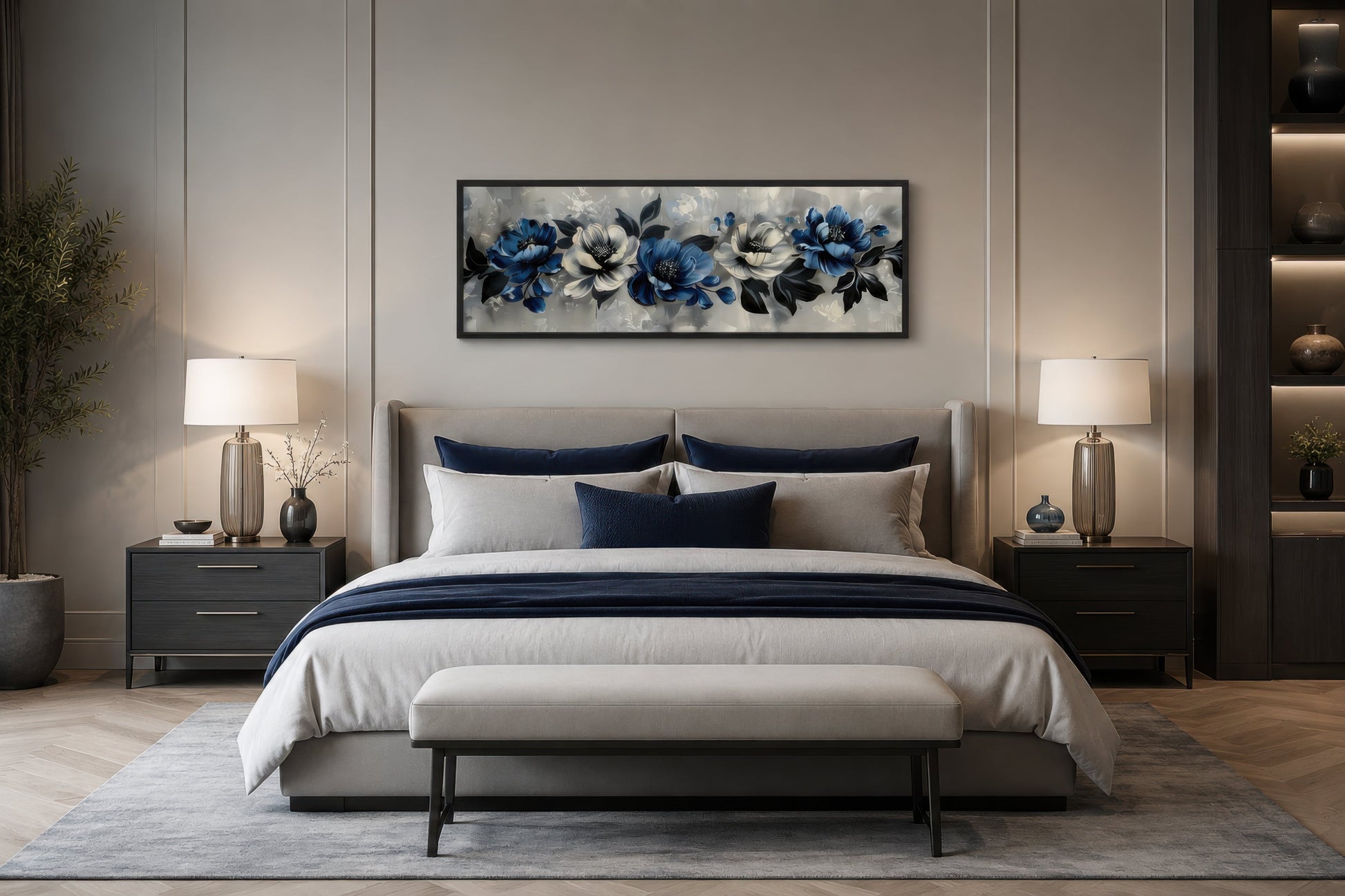 Navy Blue Grey White Floral Above Bed Horizontal Framed Canvas Wall Art