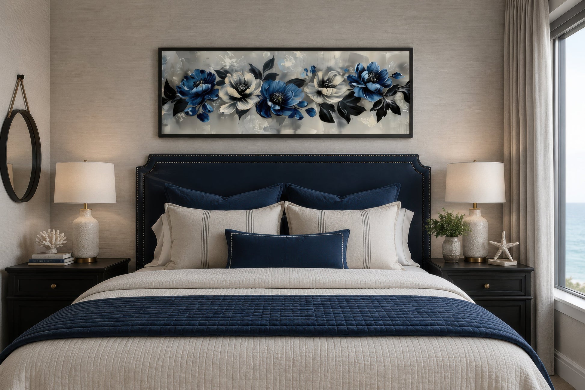 Navy Blue Grey White Floral Above Bed Horizontal Framed Canvas Wall Art