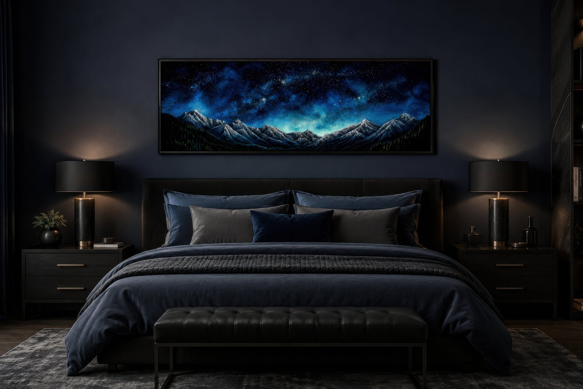 Navy Blue Starry Night Sky Over Mountains Horizontal Framed Canvas Wall Art