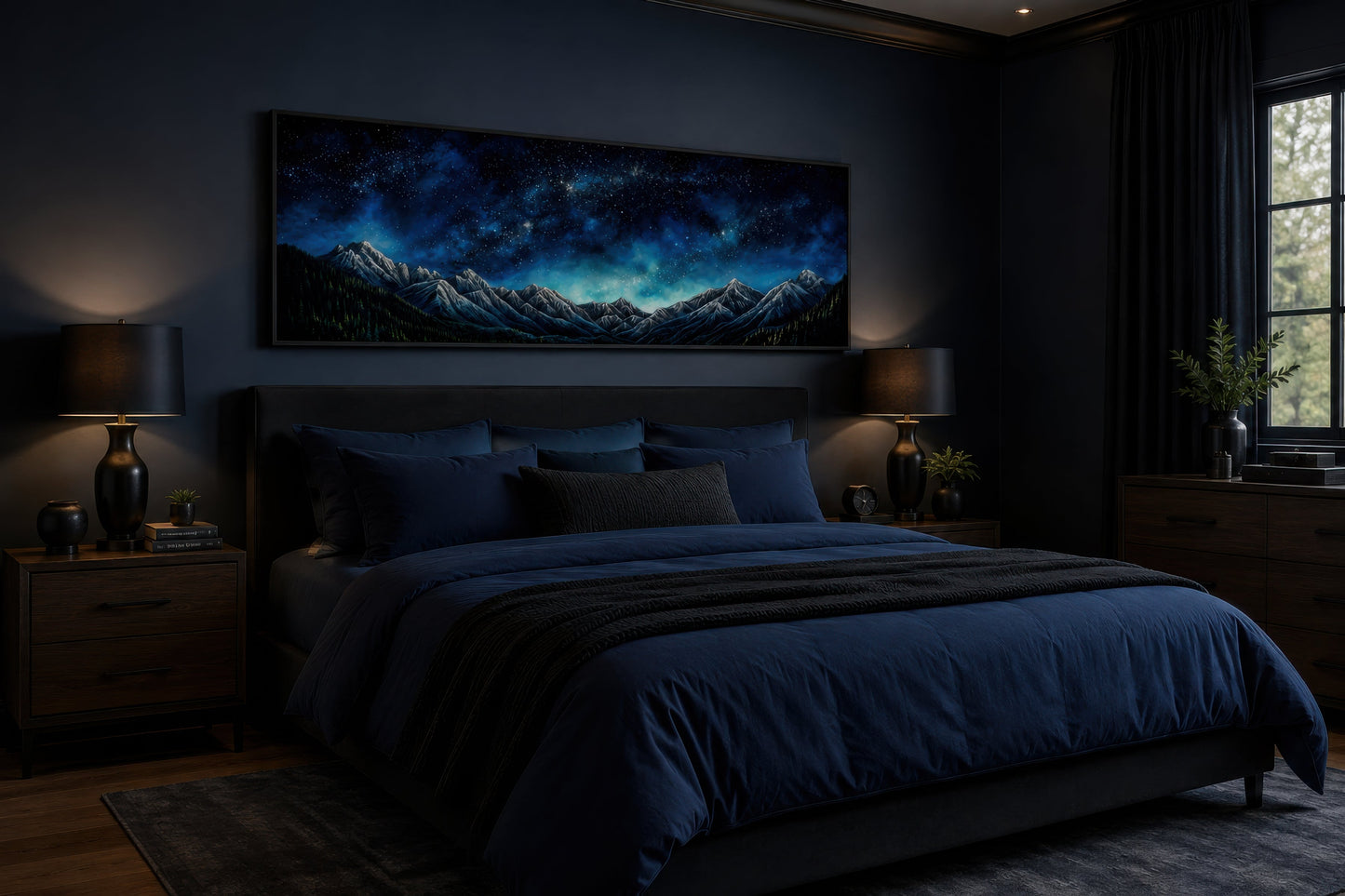 Navy Blue Starry Night Sky Over Mountains Horizontal Framed Canvas Wall Art