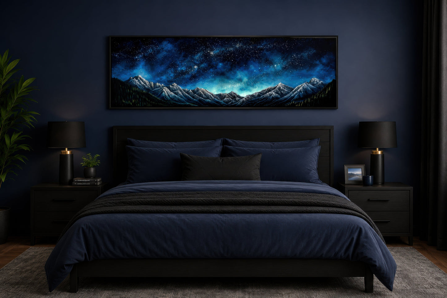 Navy Blue Starry Night Sky Over Mountains Horizontal Framed Canvas Wall Art
