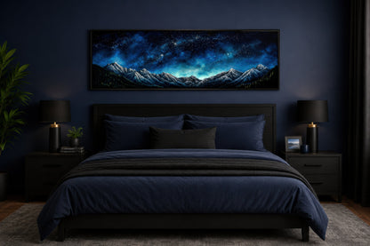 Navy Blue Starry Night Sky Over Mountains Horizontal Framed Canvas Wall Art