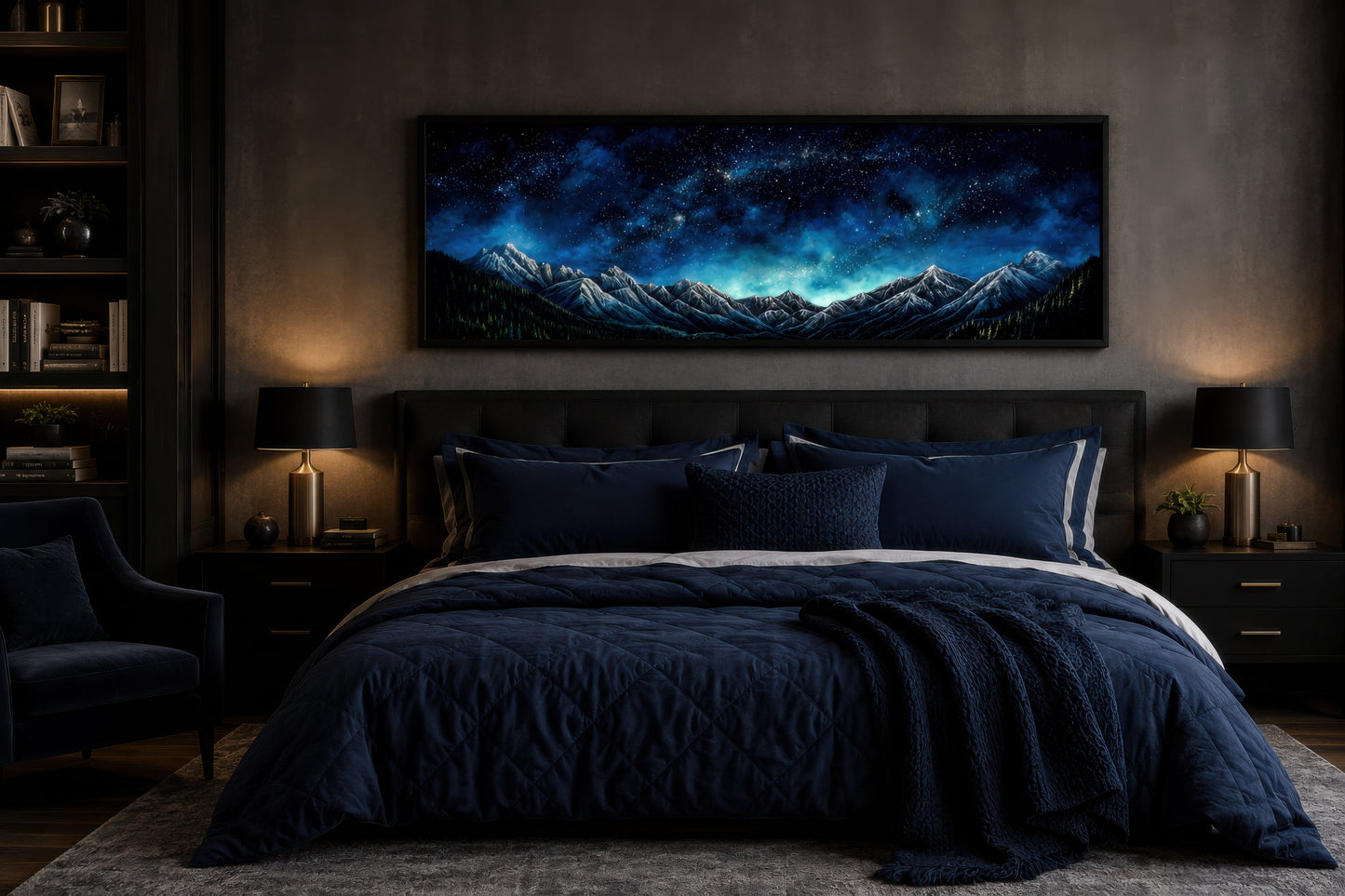 Navy Blue Starry Night Sky Over Mountains Horizontal Framed Canvas Wall Art