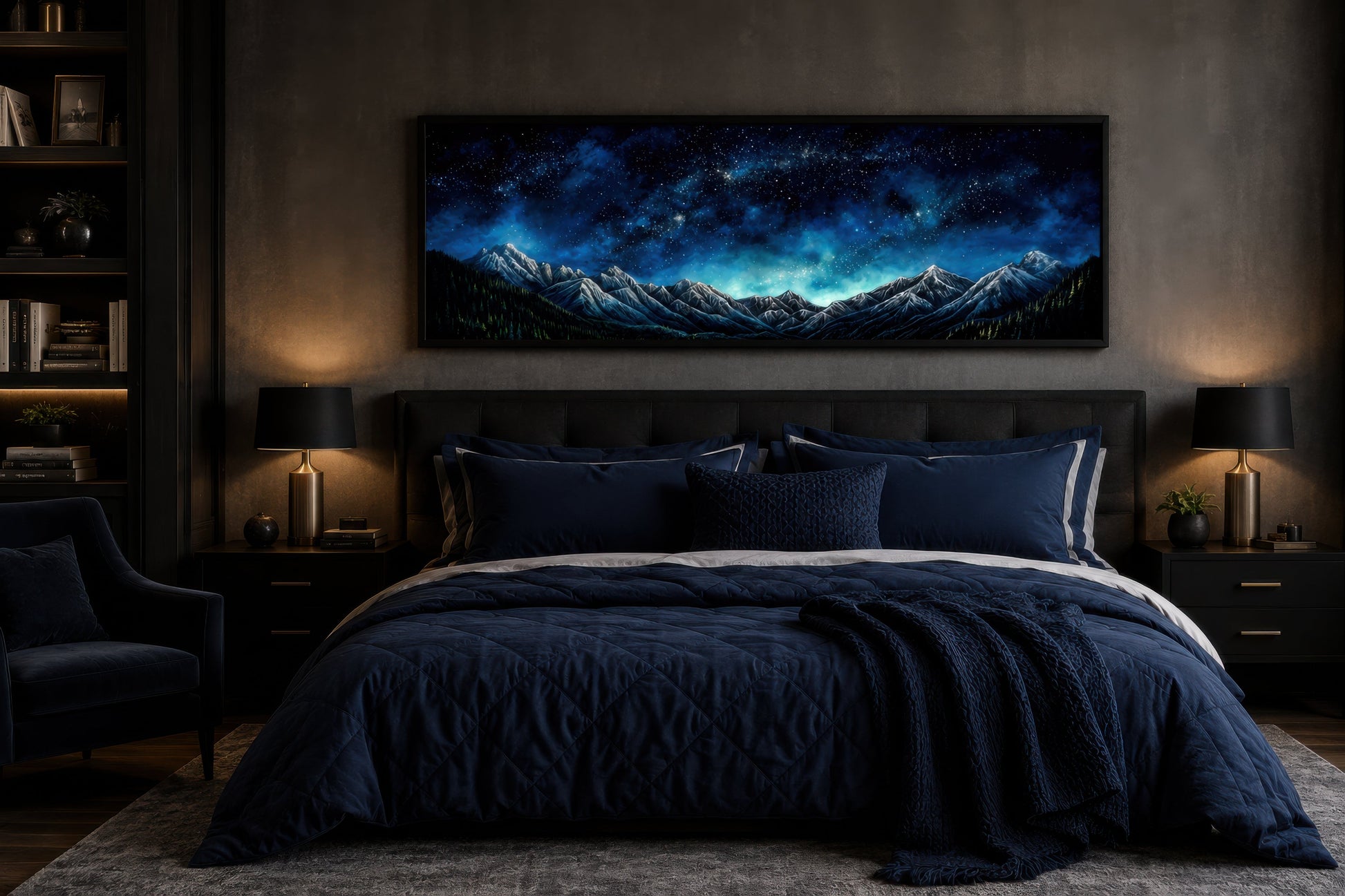 Navy Blue Starry Night Sky Over Mountains Horizontal Framed Canvas Wall Art