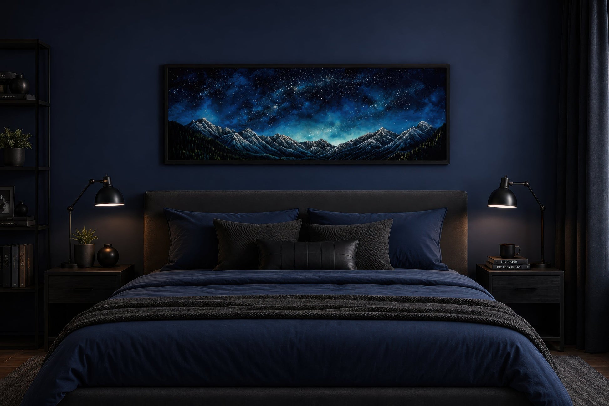 Navy Blue Starry Night Sky Over Mountains Horizontal Framed Canvas Wall Art