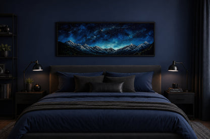 Navy Blue Starry Night Sky Over Mountains Horizontal Framed Canvas Wall Art