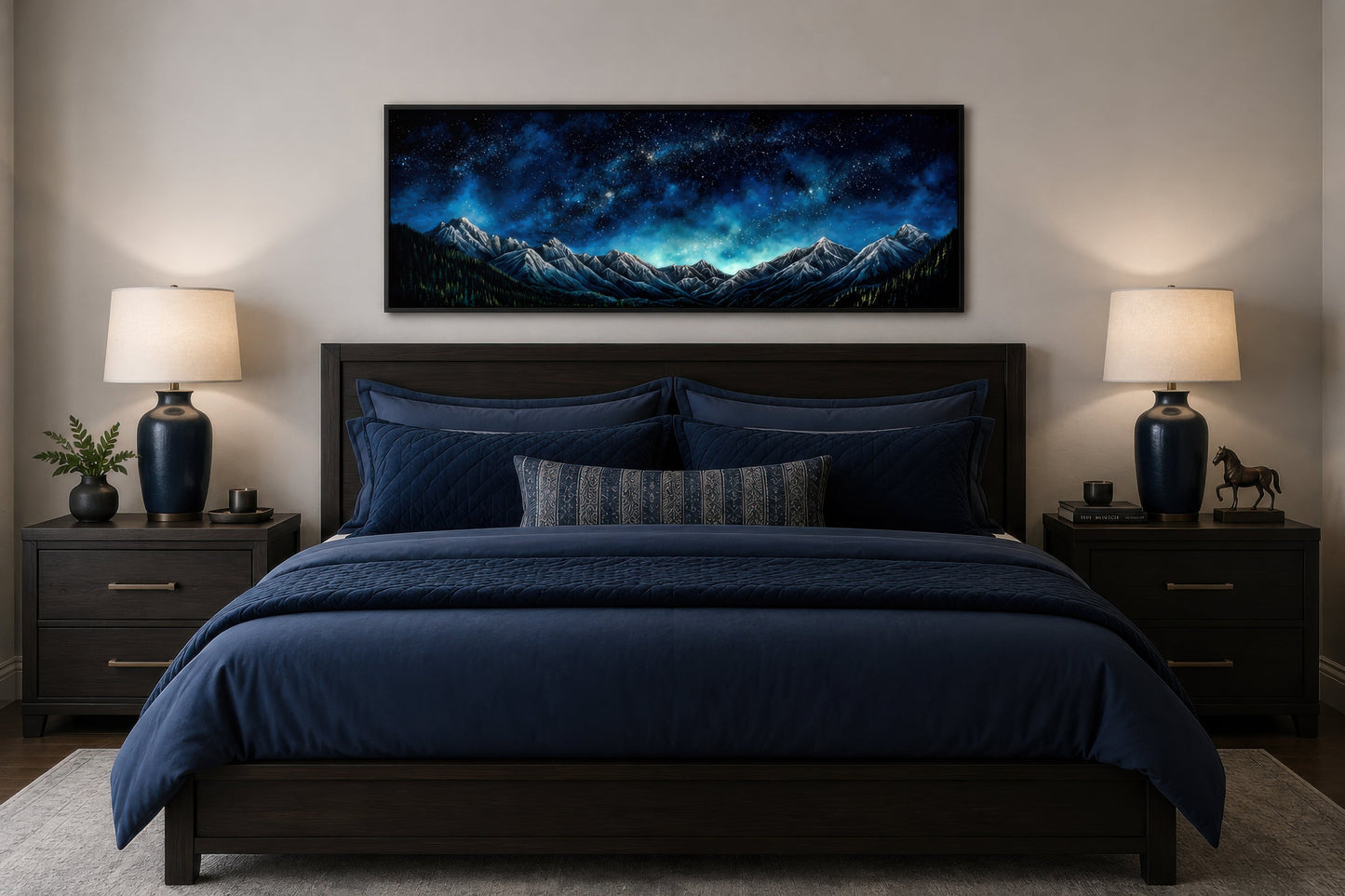 Navy Blue Starry Night Sky Over Mountains Horizontal Framed Canvas Wall Art