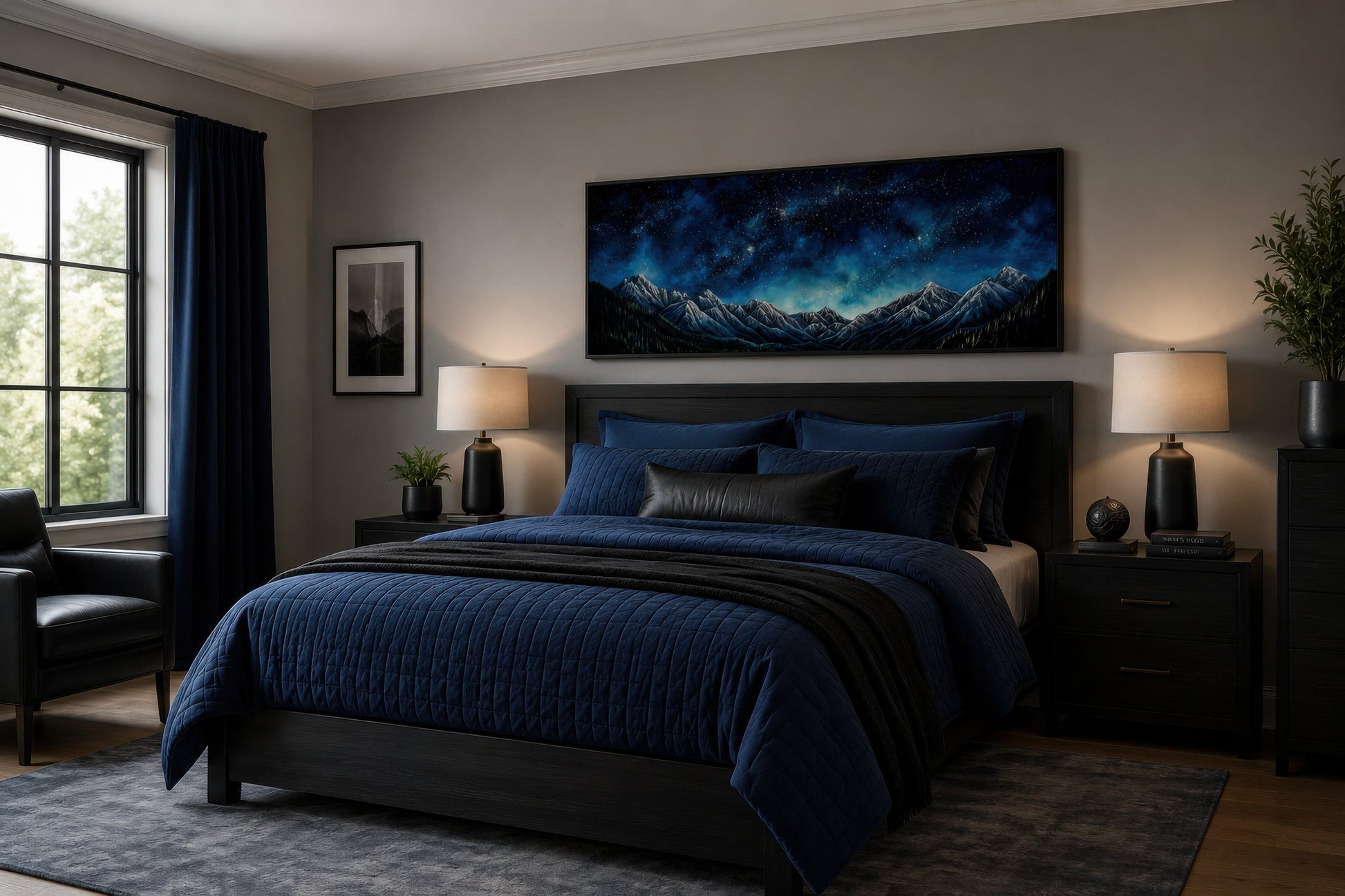 Navy Blue Starry Night Sky Over Mountains Horizontal Framed Canvas Wall Art