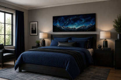 Navy Blue Starry Night Sky Over Mountains Horizontal Framed Canvas Wall Art