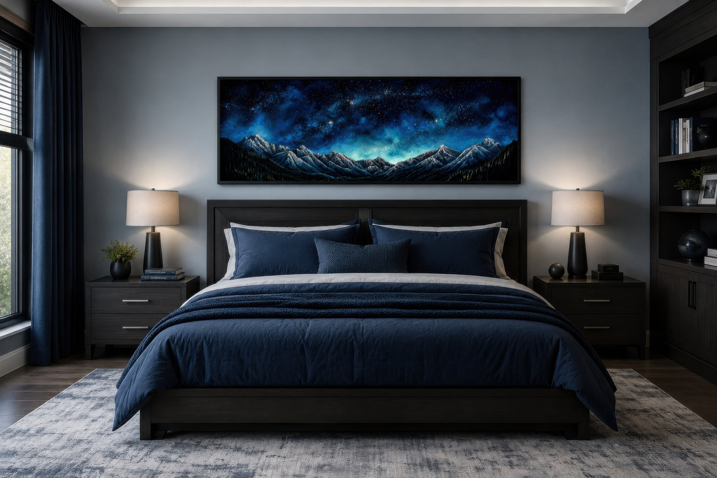 Navy Blue Starry Night Sky Over Mountains Horizontal Framed Canvas Wall Art