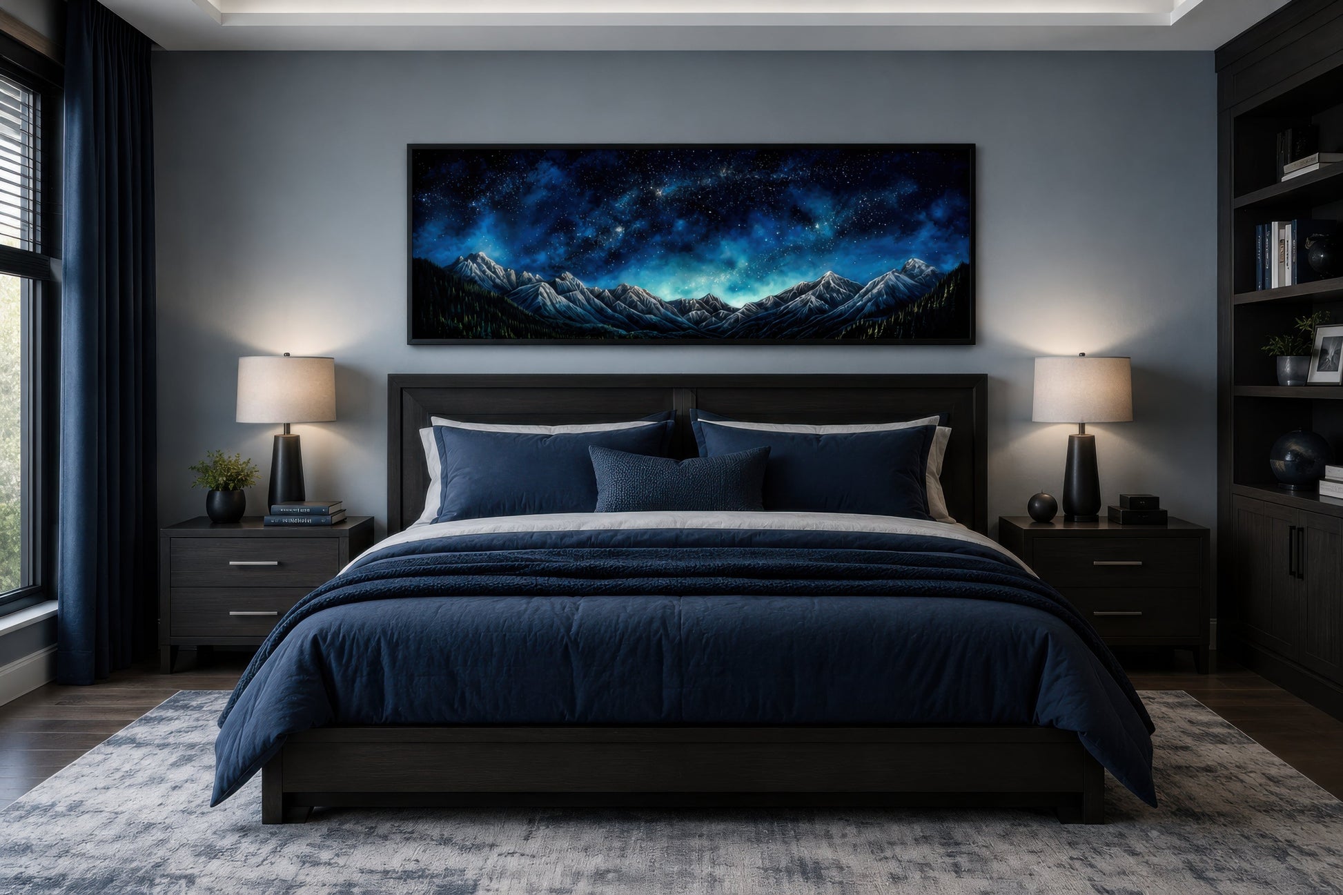 Navy Blue Starry Night Sky Over Mountains Horizontal Framed Canvas Wall Art