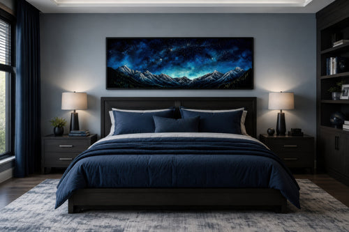 Navy Blue Starry Night Sky Over Mountains Horizontal Framed Canvas Wall Art