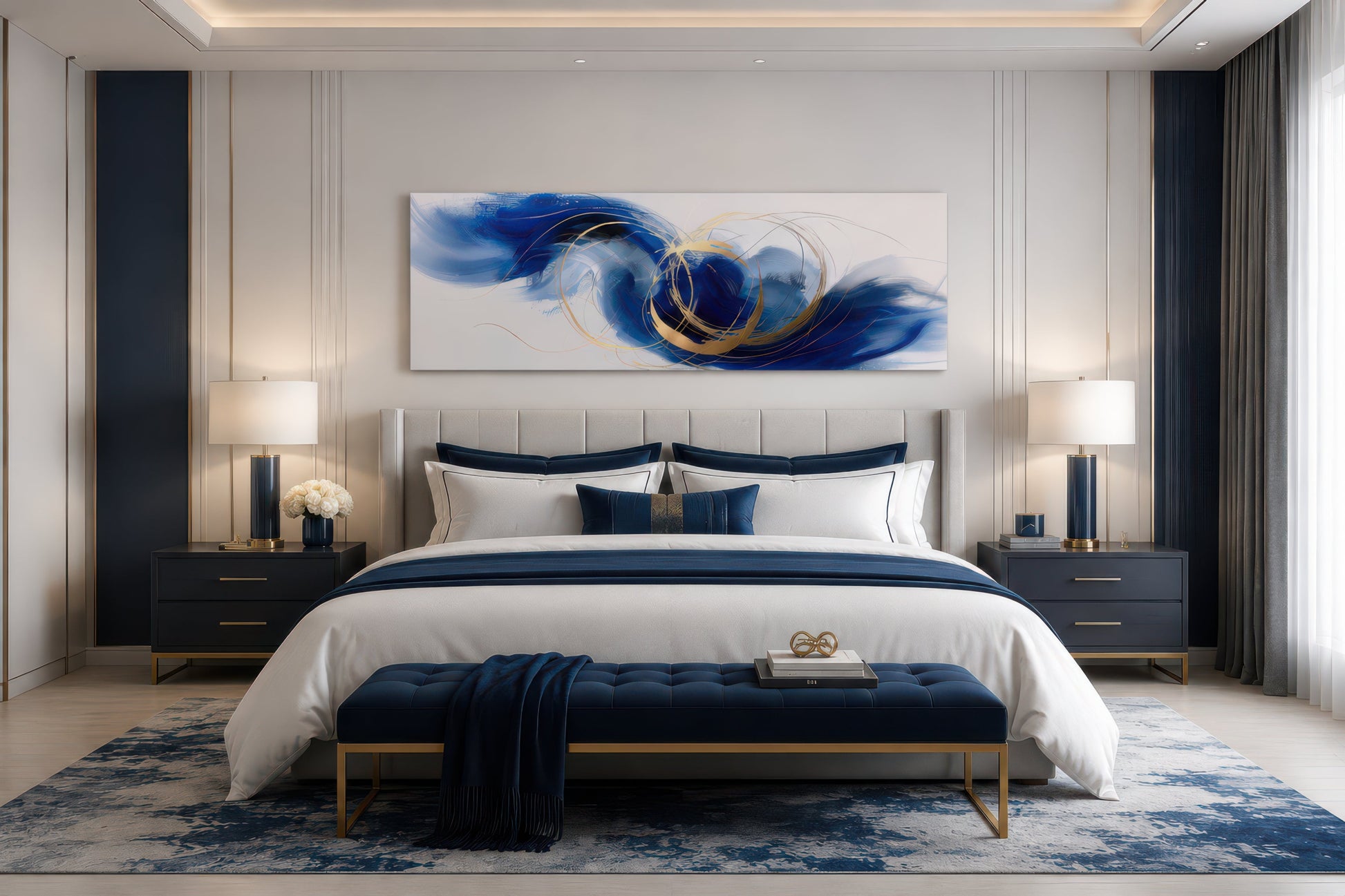 Blue White Gold Minimalist Abstract Narrow Horizontal Above Bed Wall Art