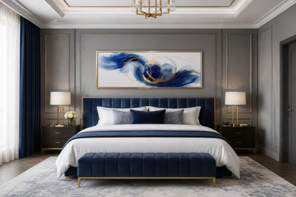 Blue White Gold Minimalist Abstract Narrow Horizontal Above Bed Wall Art