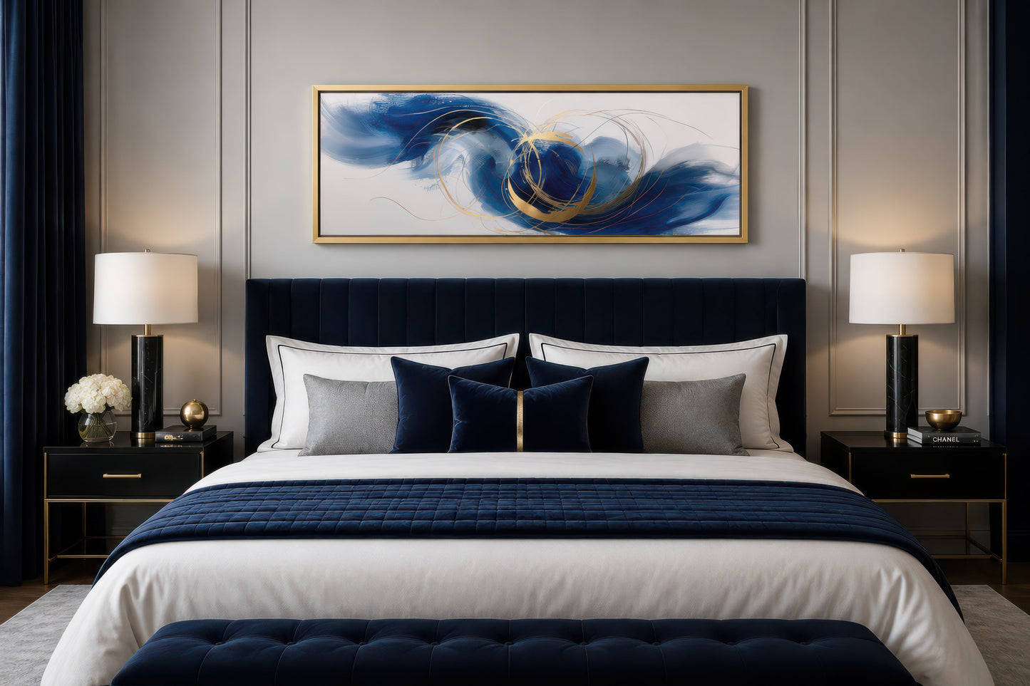 Blue White Gold Minimalist Abstract Narrow Horizontal Above Bed Wall Art
