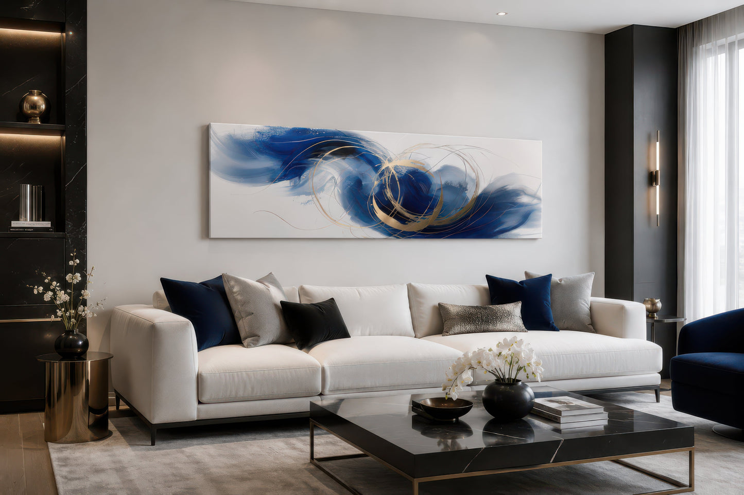 Blue White Gold Minimalist Abstract Narrow Horizontal Above Bed Wall Art