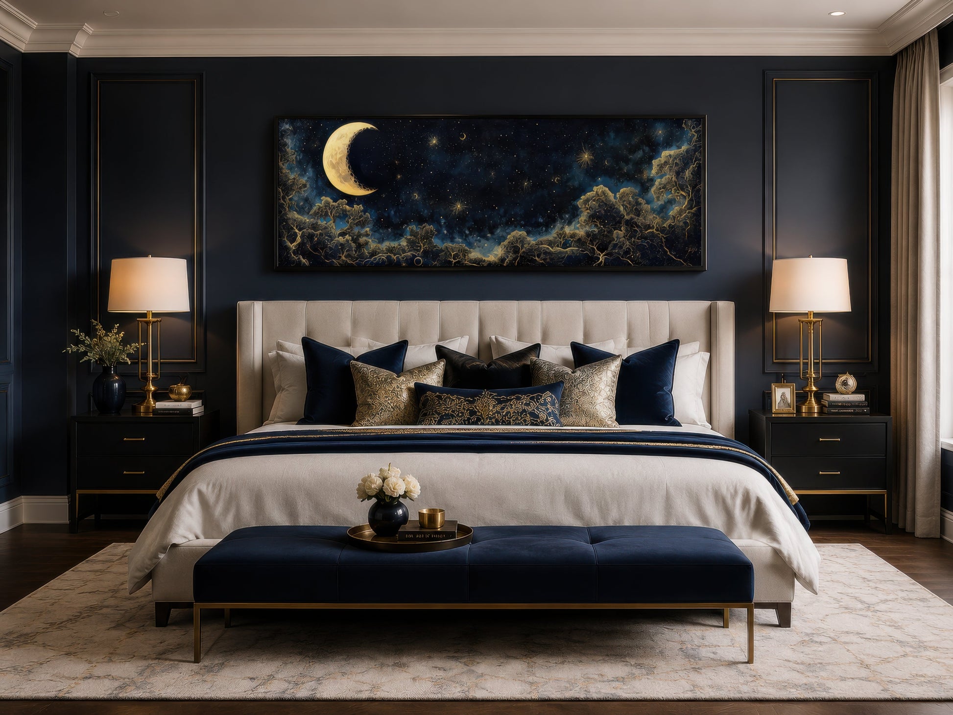 Navy Blue and Gold Moon Crescent Long Horizontal Wall Art Above Bed Decor
