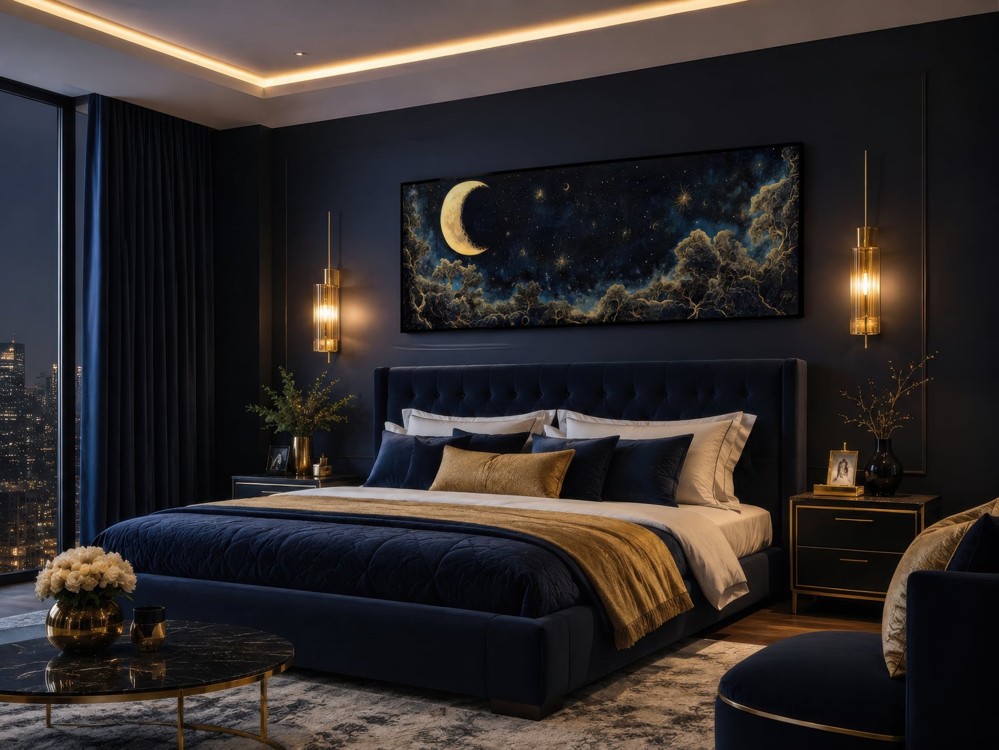 Navy Blue and Gold Moon Crescent Long Horizontal Wall Art Above Bed Decor