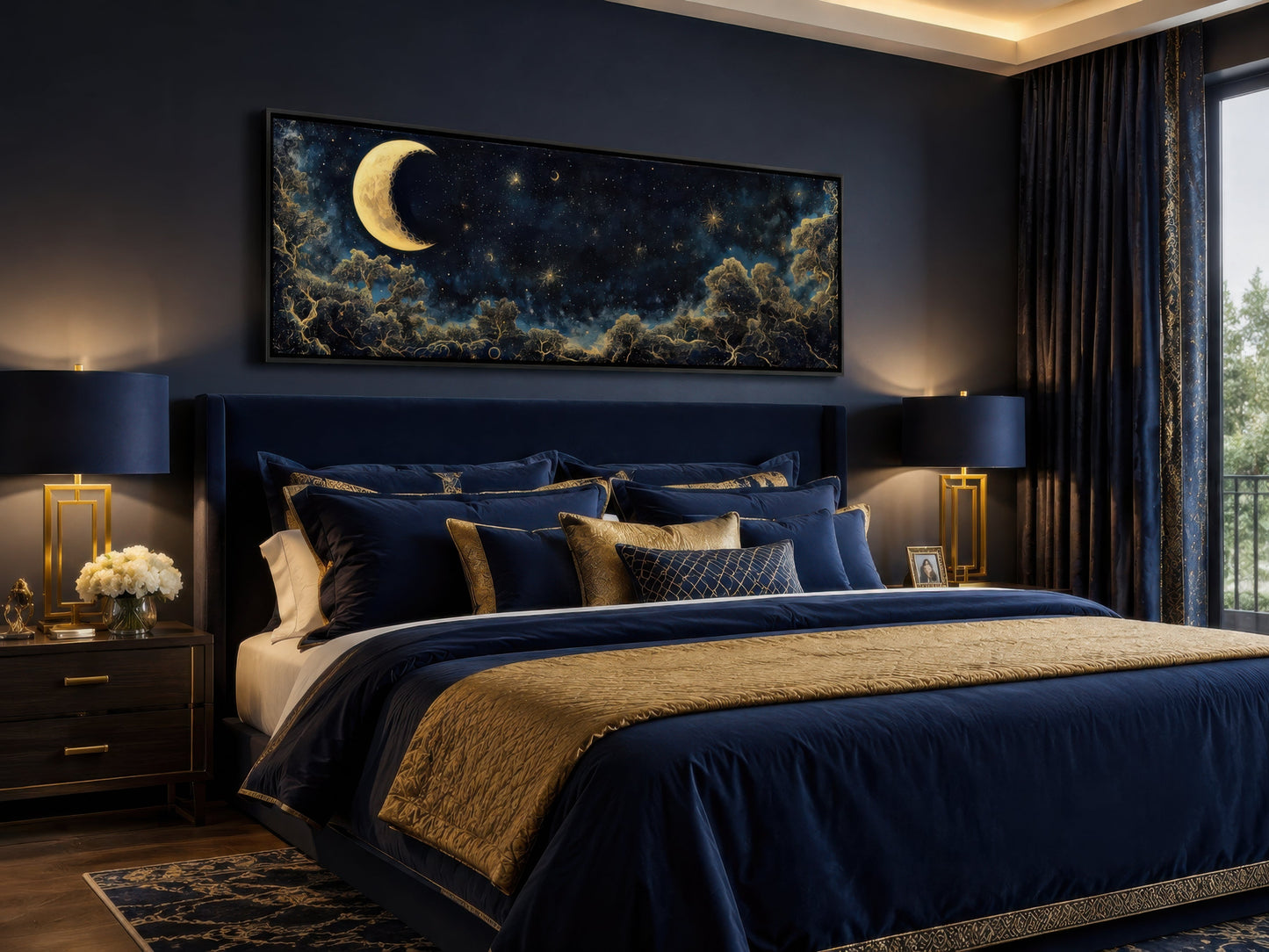 Navy Blue and Gold Moon Crescent Long Horizontal Wall Art Above Bed Decor