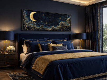 Navy Blue and Gold Moon Crescent Long Horizontal Wall Art Above Bed Decor