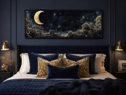 Navy Blue and Gold Moon Crescent Long Horizontal Wall Art Above Bed Decor