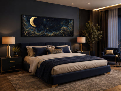 Navy Blue and Gold Moon Crescent Long Horizontal Wall Art Above Bed Decor