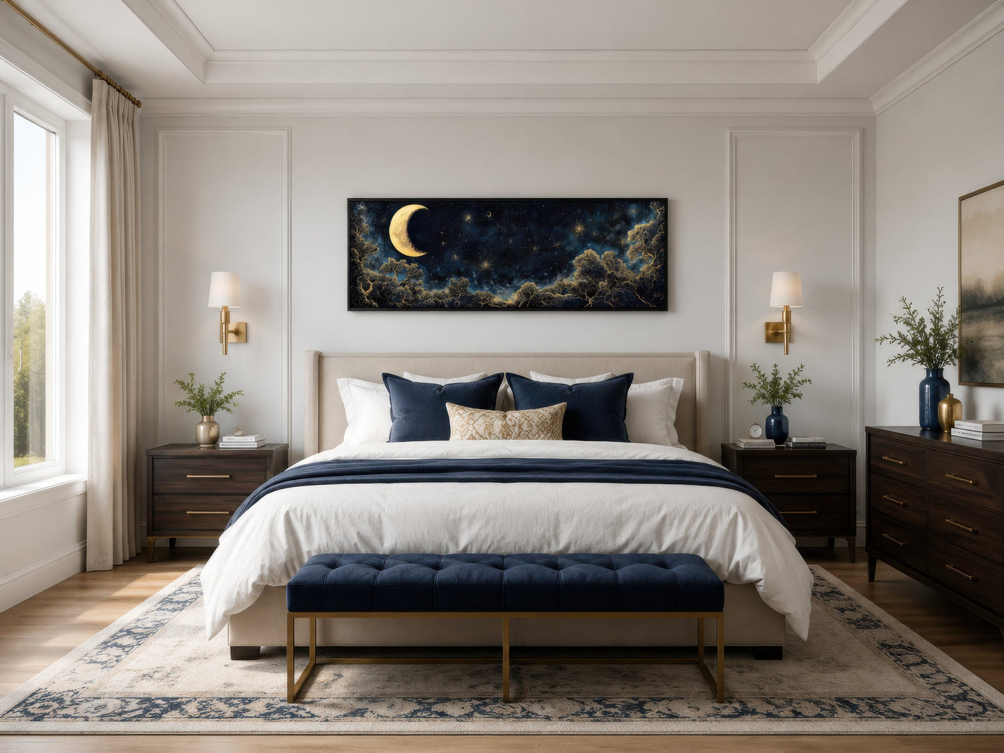 Navy Blue and Gold Moon Crescent Long Horizontal Wall Art Above Bed Decor