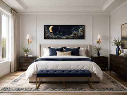 Navy Blue and Gold Moon Crescent Long Horizontal Wall Art Above Bed Decor