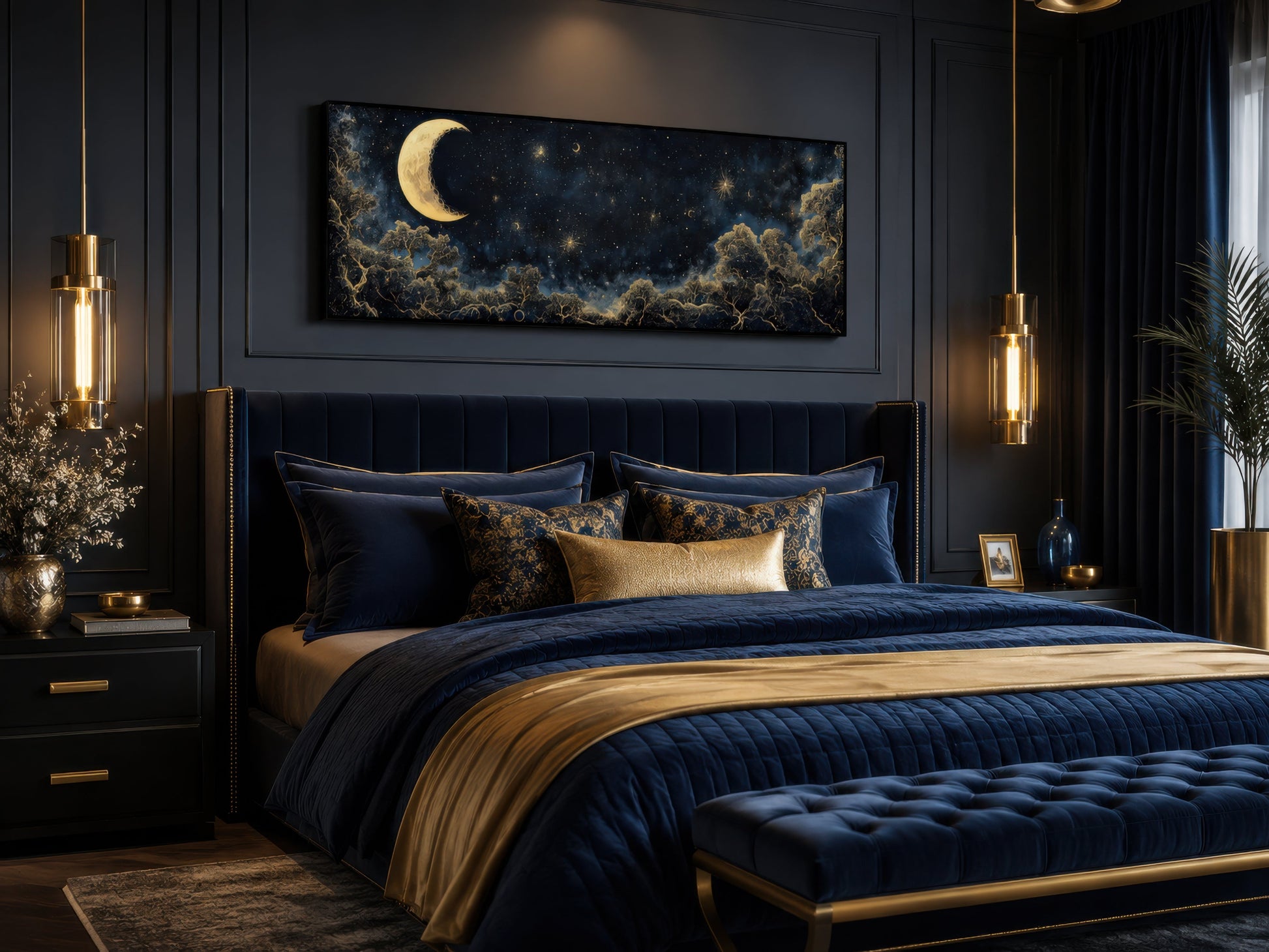 Navy Blue and Gold Moon Crescent Long Horizontal Wall Art Above Bed Decor