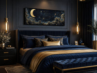 Navy Blue and Gold Moon Crescent Long Horizontal Wall Art Above Bed Decor