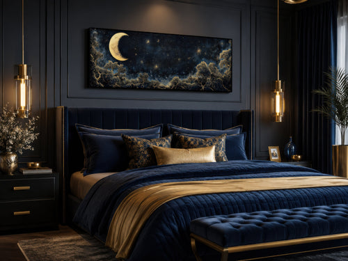 Navy Blue and Gold Moon Crescent Long Horizontal Wall Art Above Bed Decor