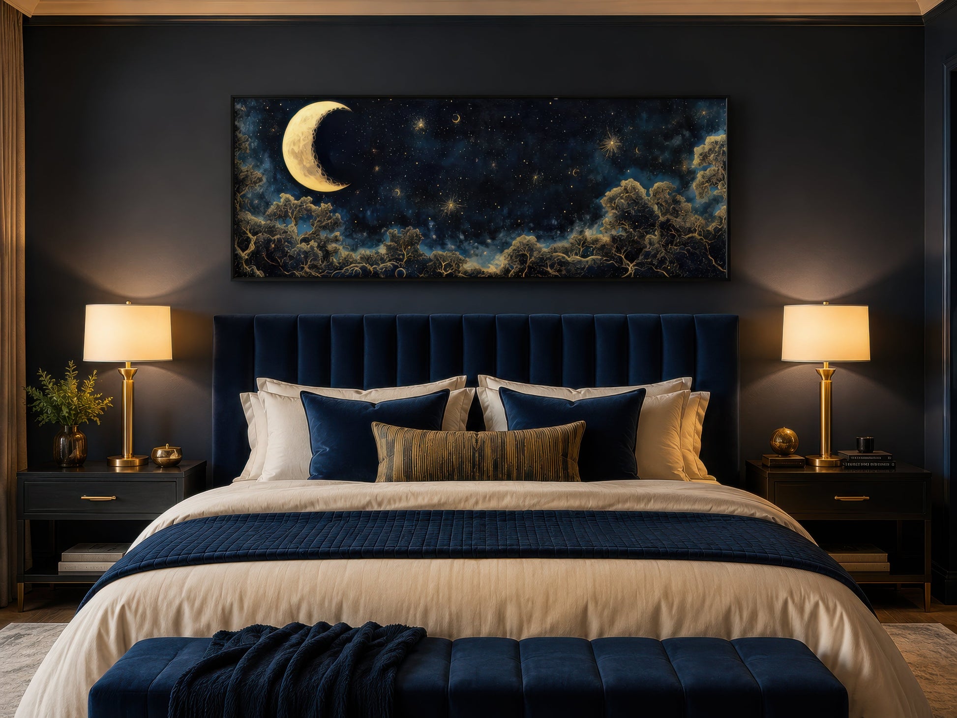 Navy Blue and Gold Moon Crescent Long Horizontal Wall Art Above Bed Decor