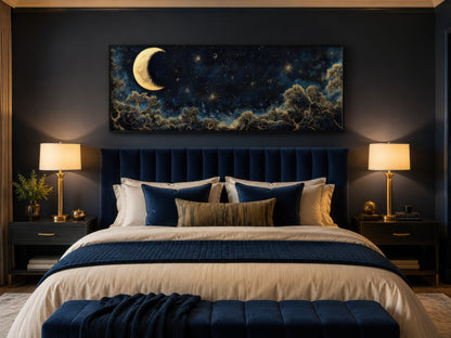 Navy Blue and Gold Moon Crescent Long Horizontal Wall Art Above Bed Decor