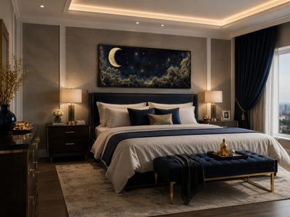 Navy Blue and Gold Moon Crescent Long Horizontal Wall Art Above Bed Decor
