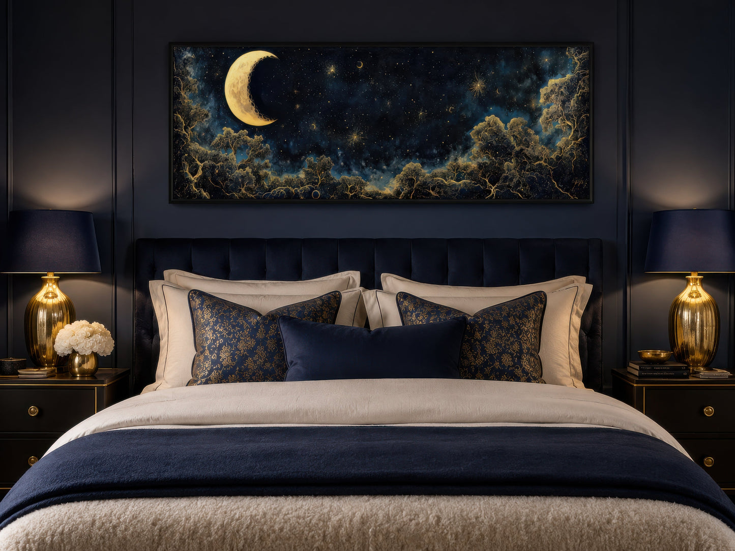 Navy Blue and Gold Moon Crescent Long Horizontal Wall Art Above Bed Decor