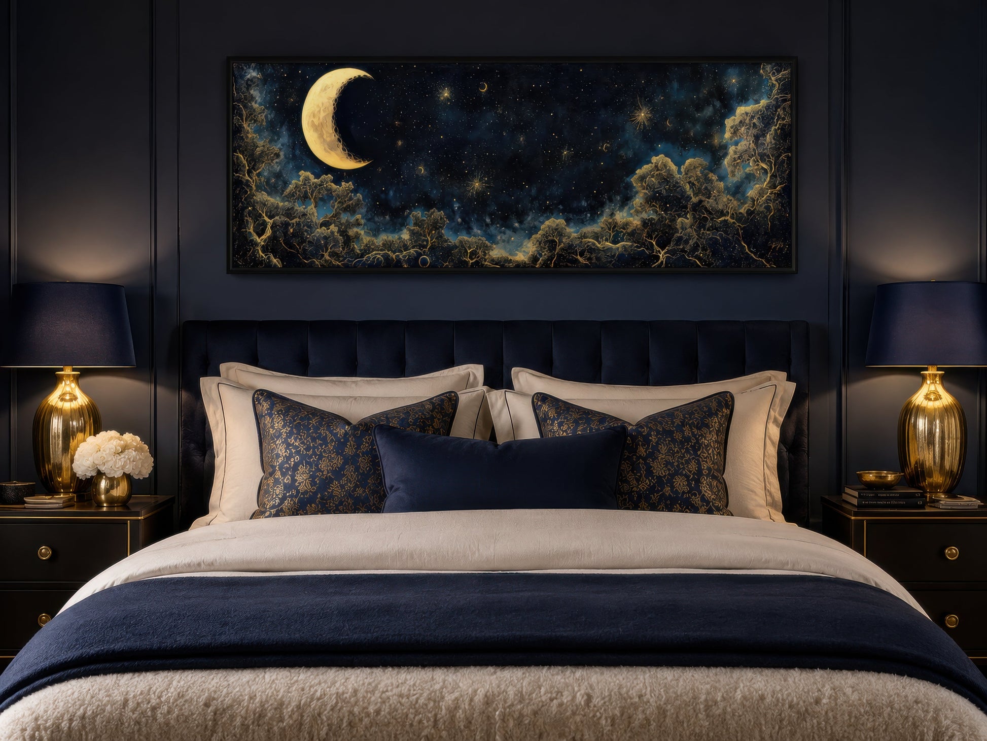 Navy Blue and Gold Moon Crescent Long Horizontal Wall Art Above Bed Decor