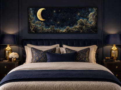 Navy Blue and Gold Moon Crescent Long Horizontal Wall Art Above Bed Decor