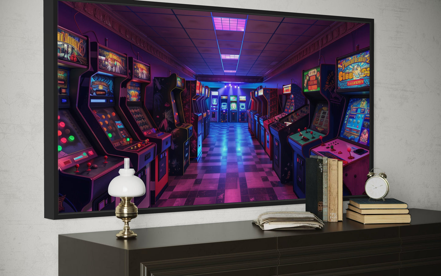 Neon Arcade Retro Game Room Framed Canvas Wall Art