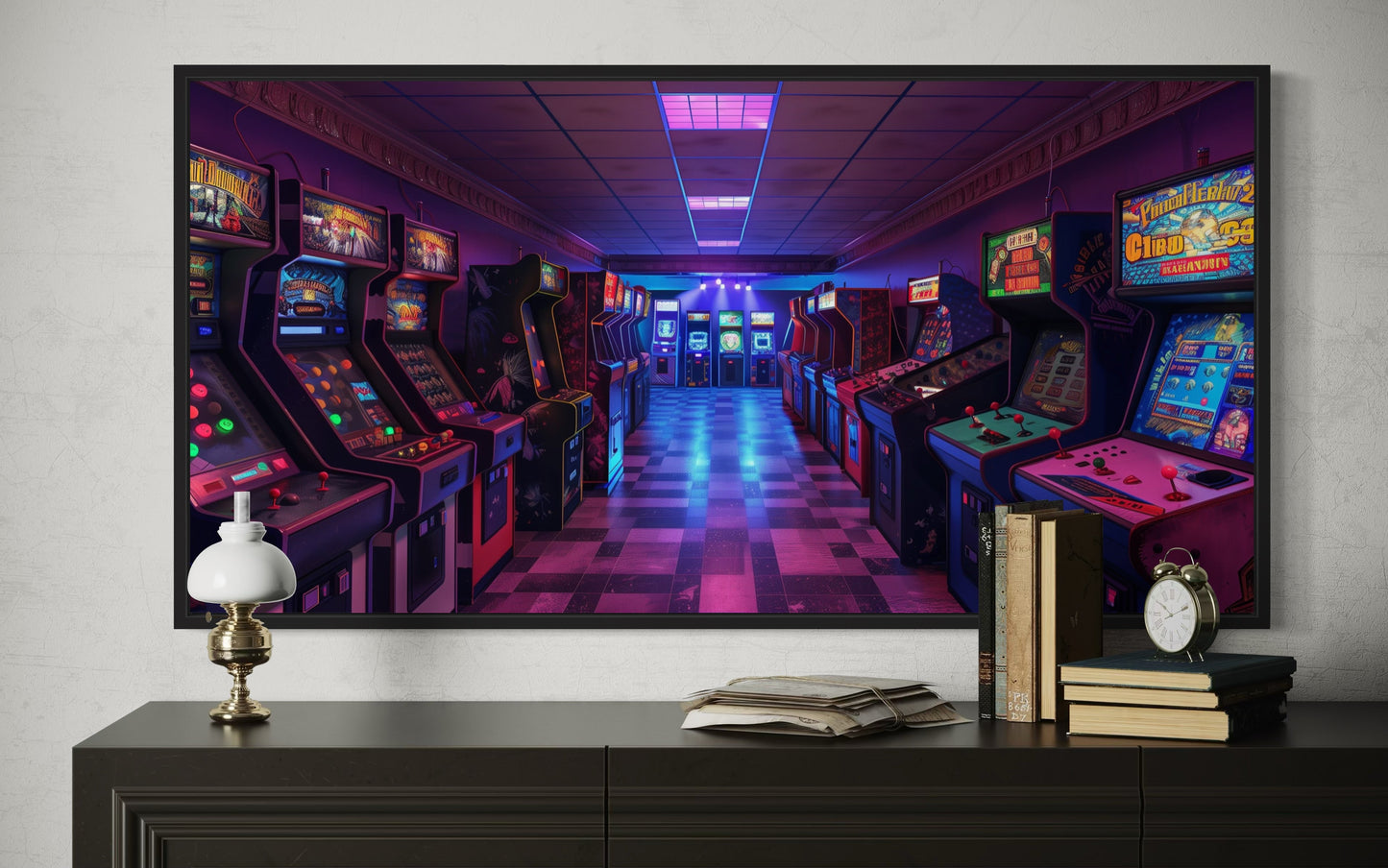 Neon Arcade Retro Game Room Framed Canvas Wall Art