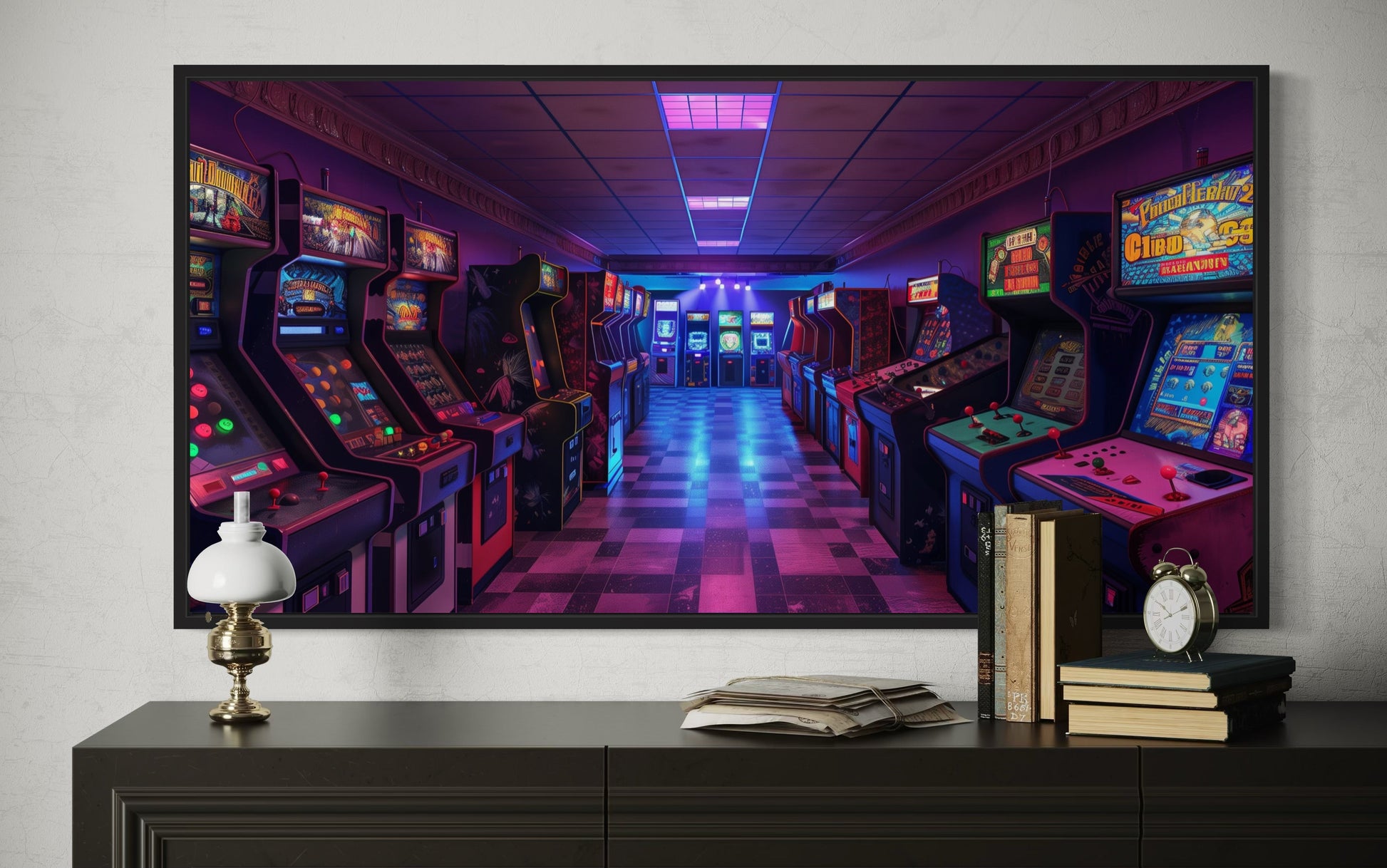 Neon Arcade Retro Game Room Framed Canvas Wall Art