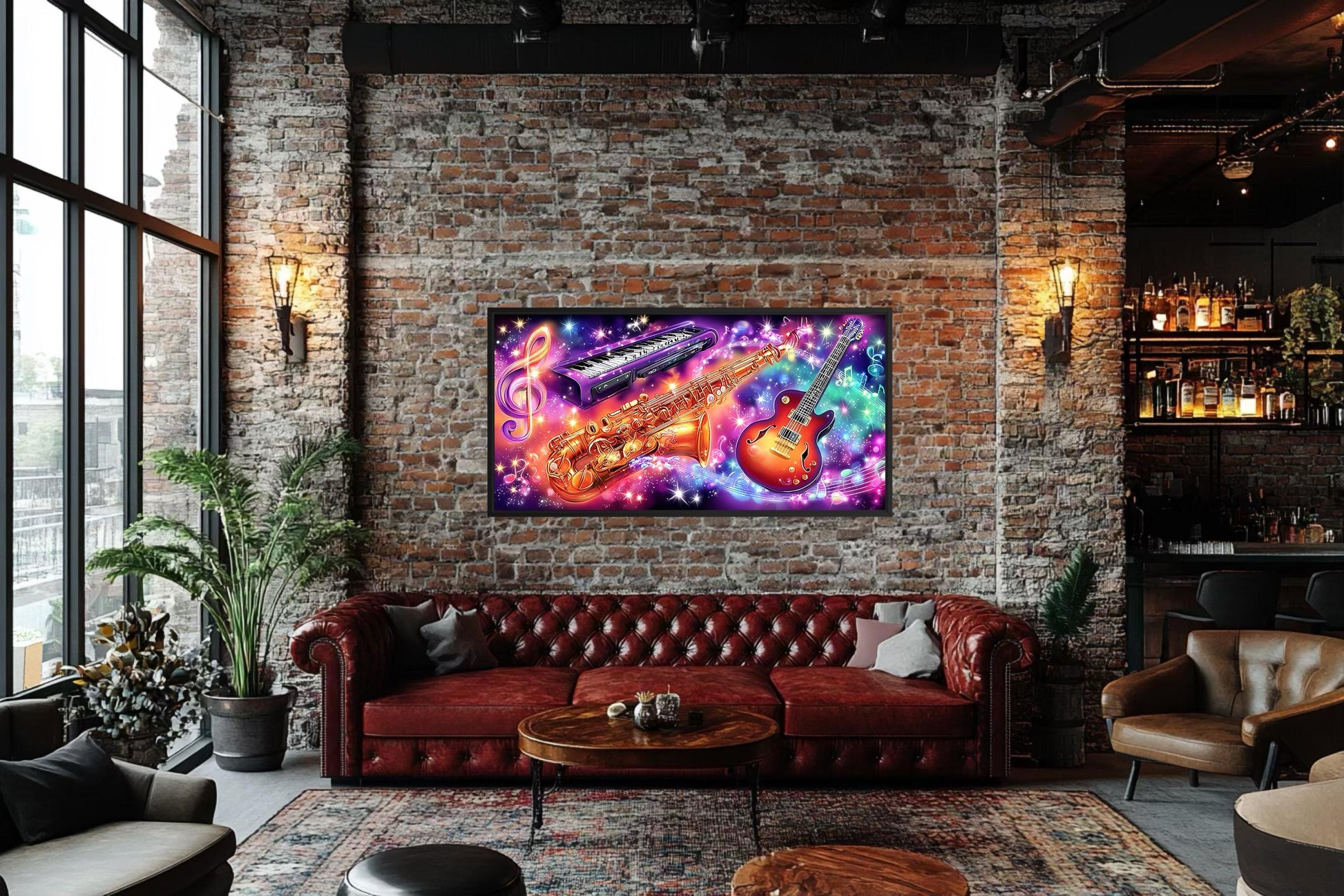 Neon Guitar Saxophone Keyboard Music Canvas Wall Art