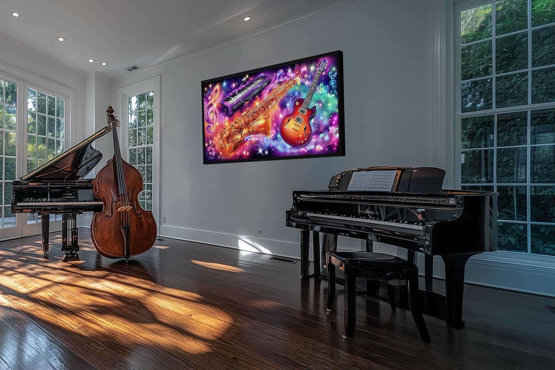 Neon Guitar Saxophone Keyboard Music Canvas Wall Art