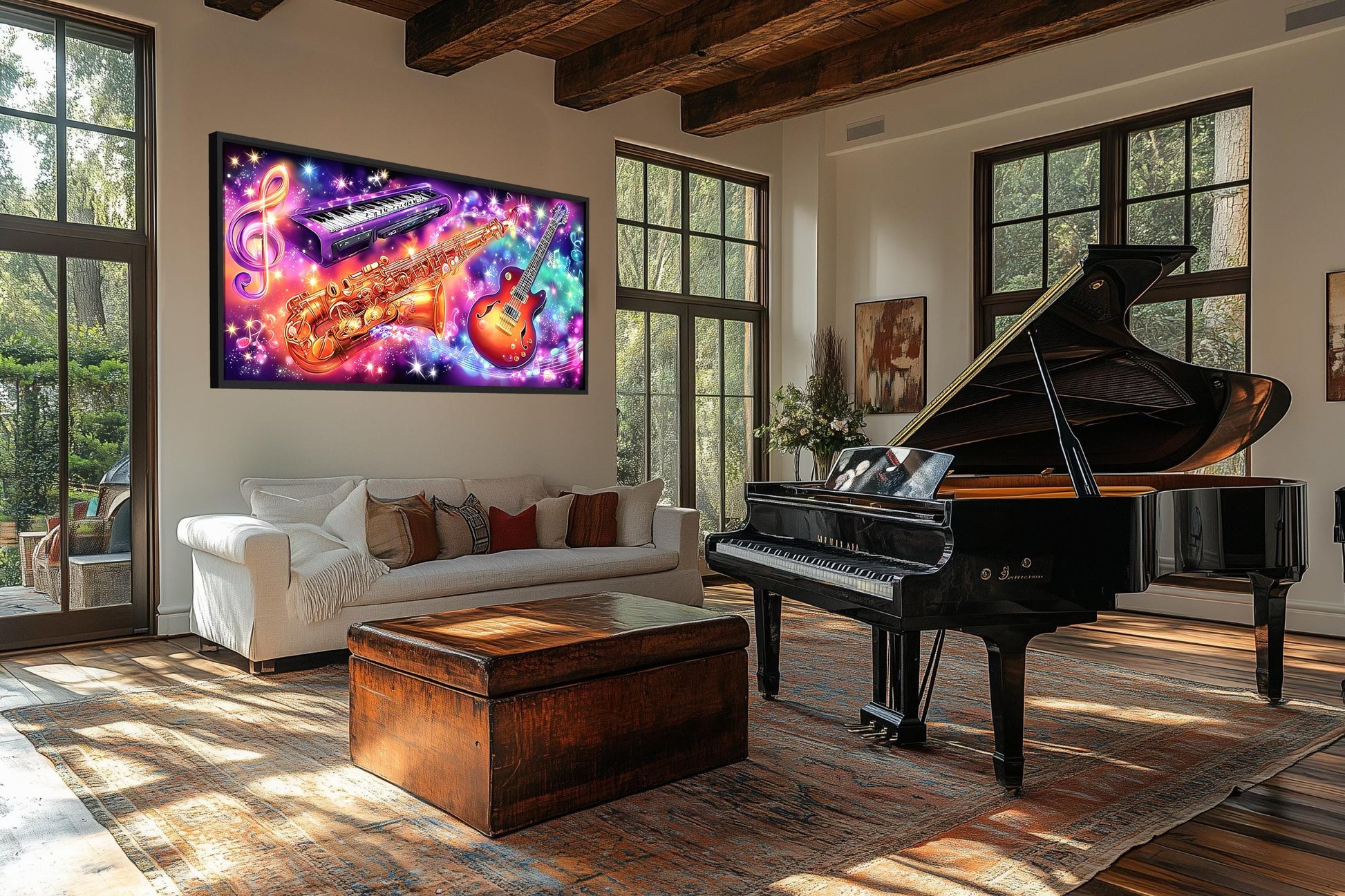 Neon Guitar Saxophone Keyboard Music Canvas Wall Art