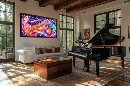 Neon Guitar Saxophone Keyboard Music Canvas Wall Art