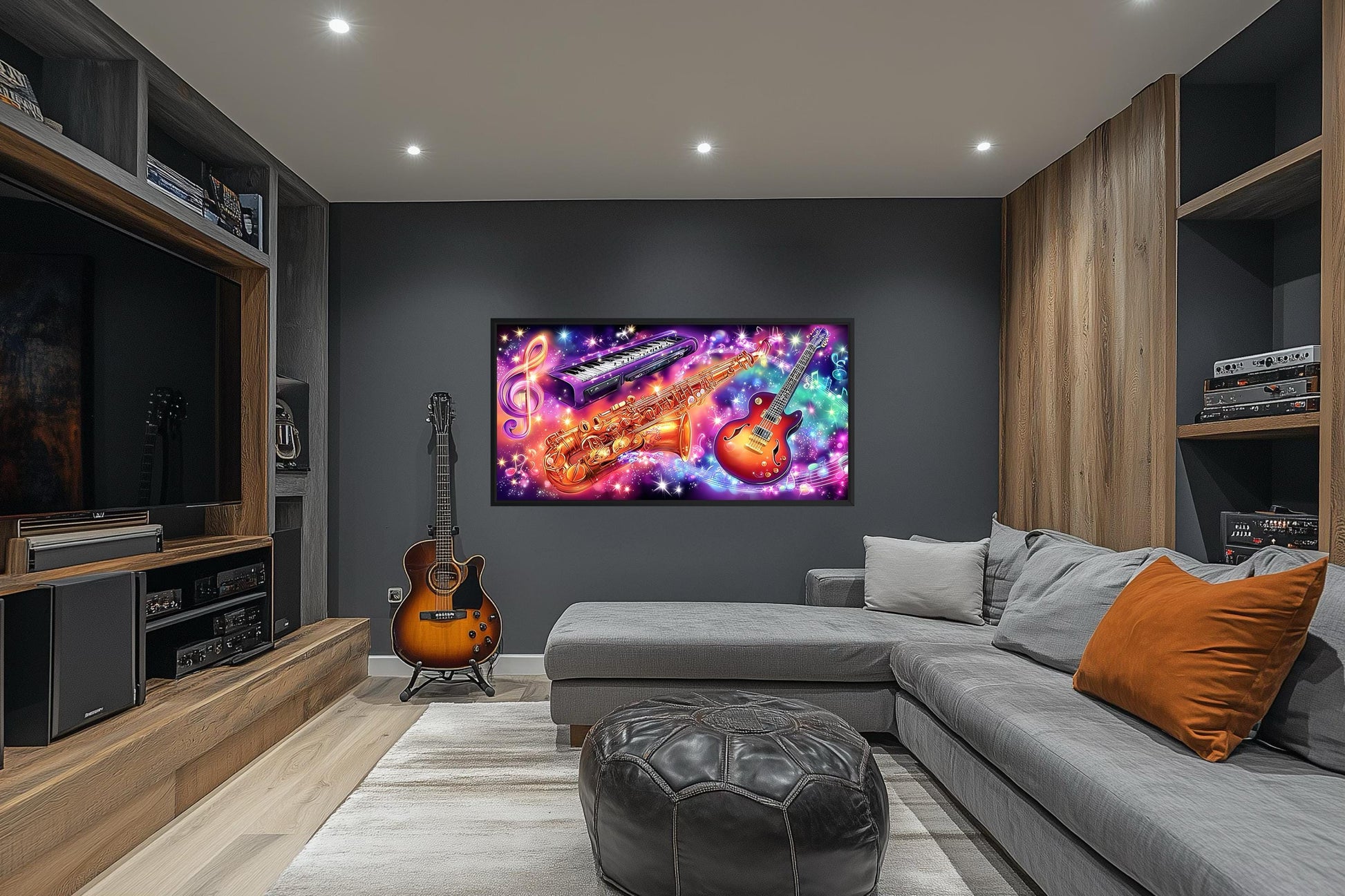 Neon Guitar Saxophone Keyboard Music Canvas Wall Art