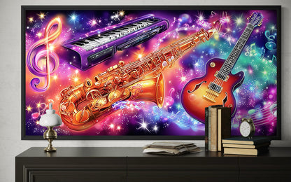 Neon Guitar Saxophone Keyboard Music Canvas Wall Art