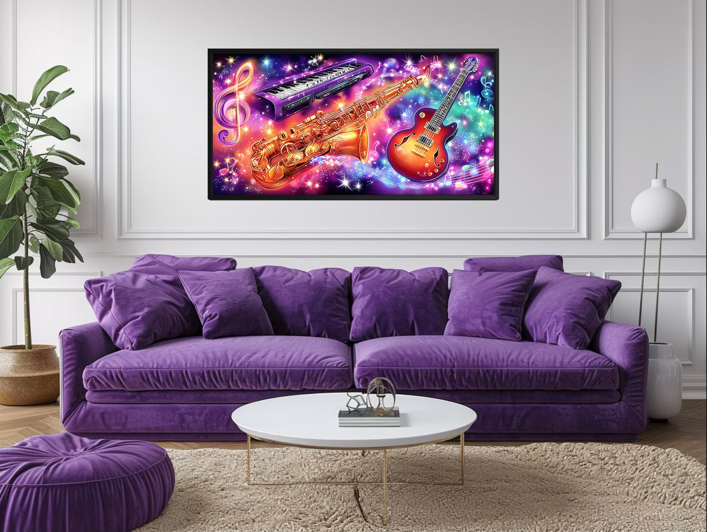 Neon Guitar Saxophone Keyboard Music Canvas Wall Art
