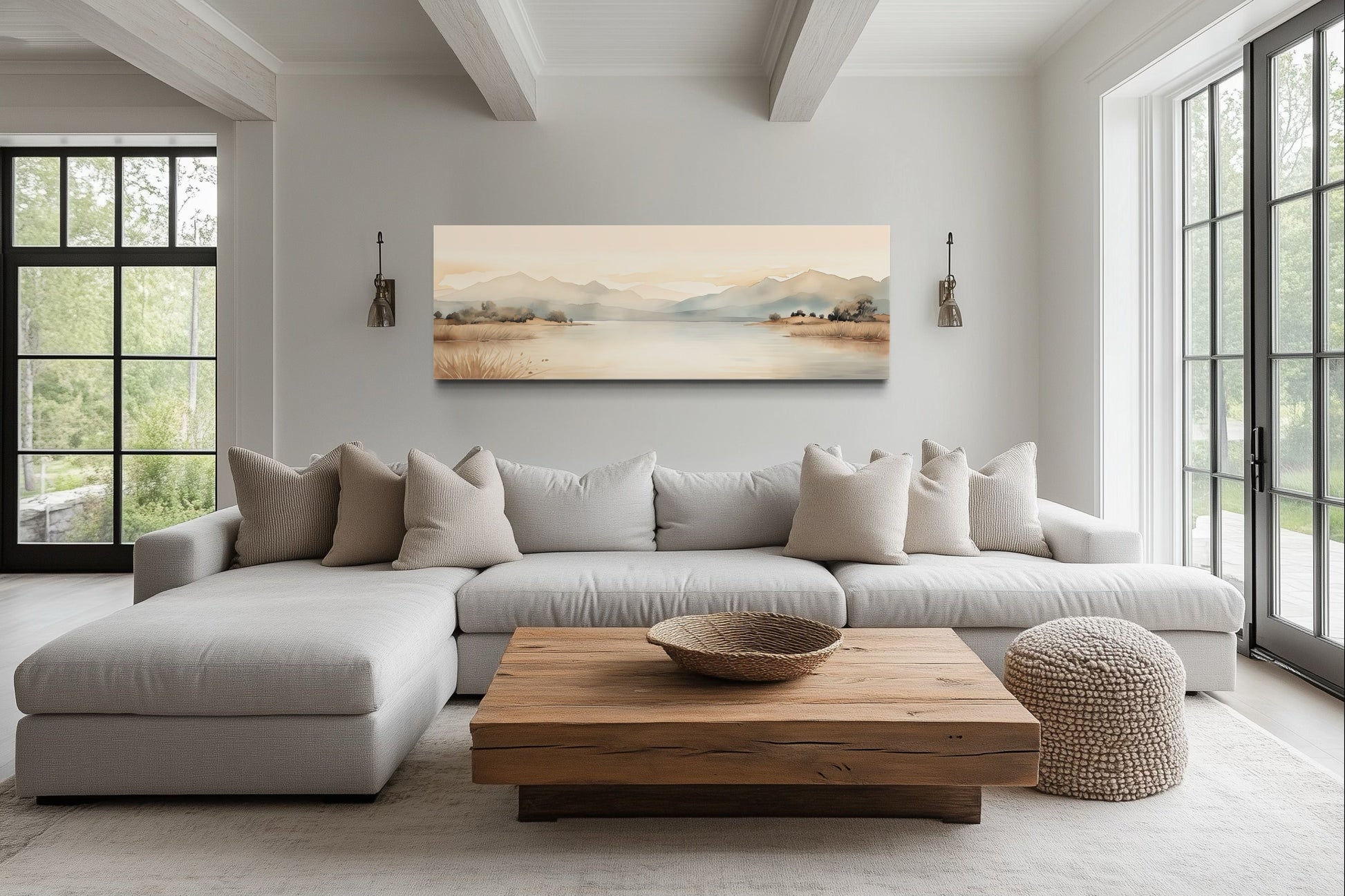 Neutral Beige Mountains Lake Long Narrow Framed Canvas Wall Art