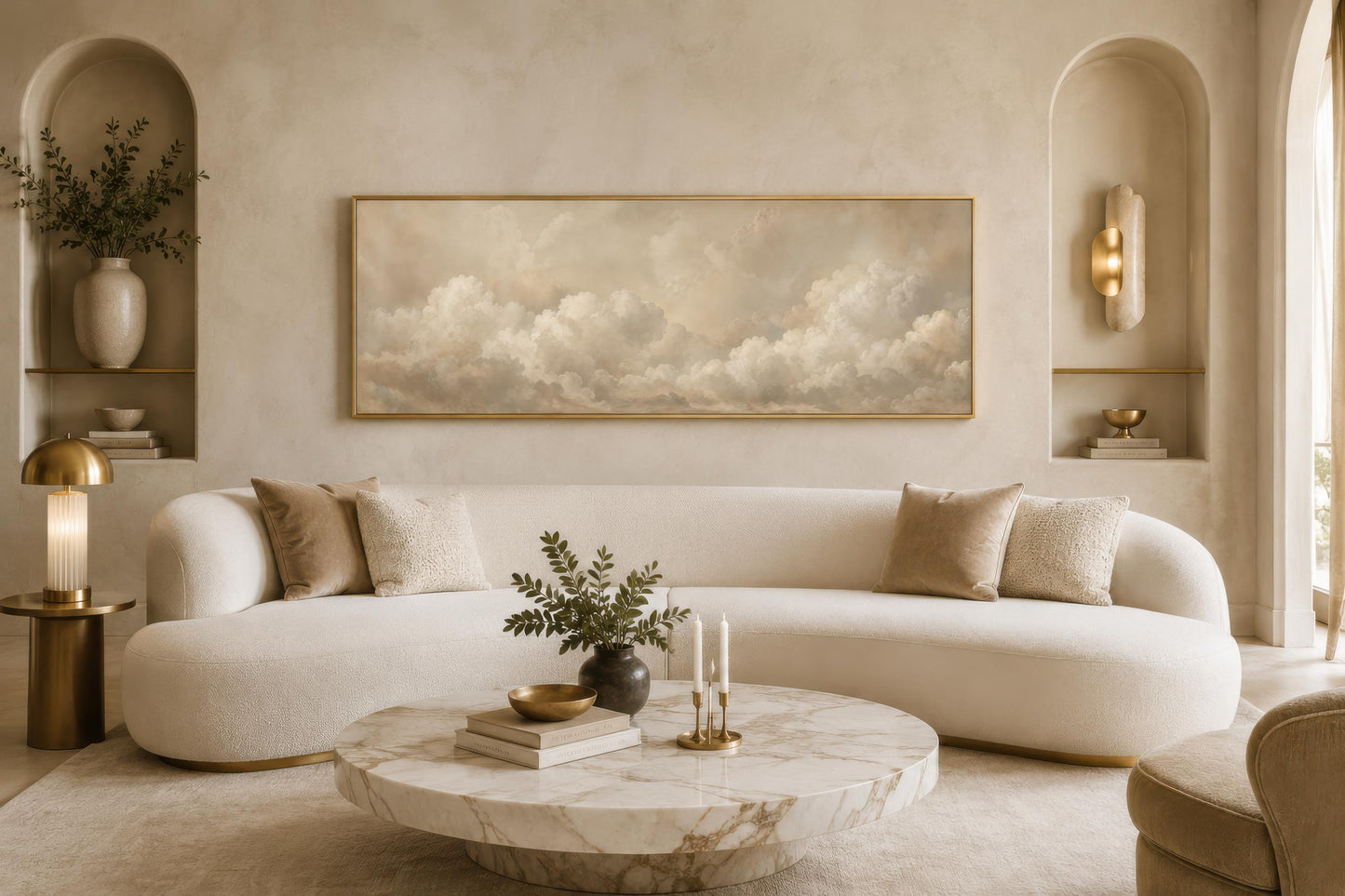 Neutral Cloud Wall Art - Long Narrow Calm Beige Bedroom Decor