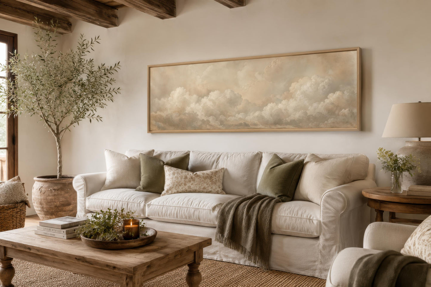 Neutral Cloud Wall Art - Long Narrow Calm Beige Bedroom Decor